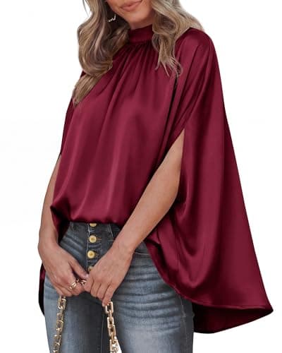 BTFBM Womens Summer Tops 2026 Mock Neck Batwing Sleeve Silk Satin Shirts Loose Oversized Dressy Casual Spring Blouses(Wine Red, X-Large) - Image 1