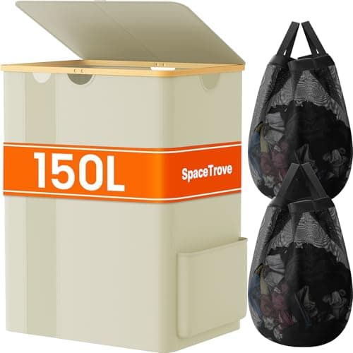 SpaceTrove Laundry Basket Clothes Hamper with Lid and Pocket Large Collapsible Laundry Baskets with Handle, Freestanding Hampers for Bedroom Aesthetic, Dorm, Bathroom, Laundry Room (150L, Beige) - Image 1