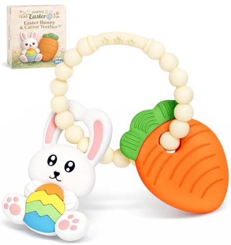 Easter Baby Teething Ring Toys – Bunny Easter Egg & Carrot Teethers for Newborns, Infants & Toddlers – Sensory Chew Bracelet for Teething Relief – Perfect Baby’s First Easter Basket Stuffers - Image 1