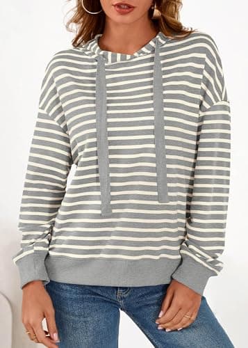 KIRUNDO Sweatshirt For Women Casual Loose Striped Long Sleeve Drawstring Hoodie Pullover Hooded Tops Fashion Clothing(Grey, Medium) - Thumbnail 6