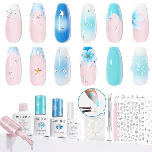 modelones Gel Nail Polish Kit White French Jelly Pink Winter Blue Ocean Gel Polish Set with 10 Pcs Nails Sponge for Ombre & Stickers, 4 Colors Gel Mini Salon Home DIY Trend Manicure Gift for Women - Image 1