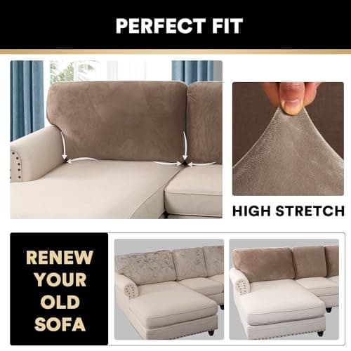 PrinceDeco Sectional Couch Covers Velvet Cushion Covers for Sectional Couch Washable Cushion Covers for Sectional Sofa Pet Friendly Sectional Sofa Slipcovers(1 Chaise Back+ 3 Sofa Back,Taupe) - Thumbnail 5