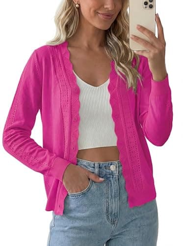 PrinStory Womens Cardigan Sweaters Long Sleeve Casual Button Down V-Neck Open Front Hollow Lightweight Knit Clothes 2026 Hot Pink L - Image 1