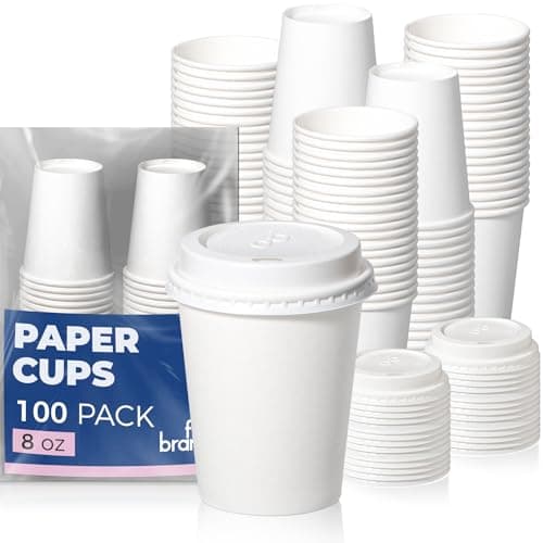 Fit Meal Prep 100 Pack 8 oz Disposable Coffee Cups with Lids, Premium Paper To Go Cups for Hot/Cold Beverages, Leak Proof Travel Cups for Cold/Hot Beverage, Office (White Lids) - Image 1