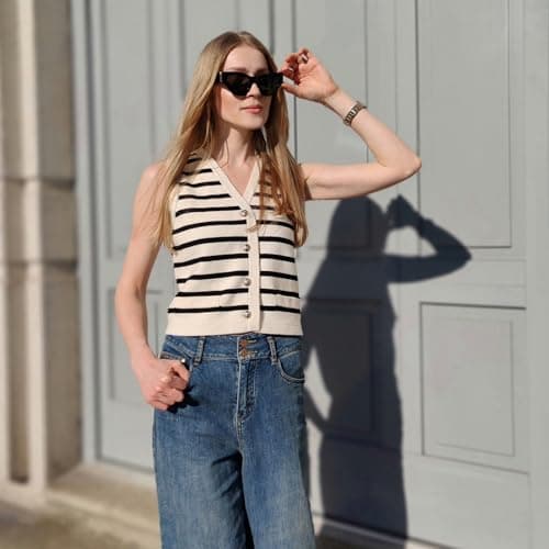 Women's Striped Cropped Knit Vest Sleeveless V Neck with Gold Buttons Business Casual Multi-Season Layering Top Business Casual Work Office Tops Valentines Day Gifts - Thumbnail 4