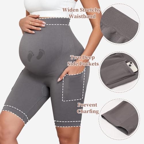 Y25D Maternity Biker Shorts with Pockets 8" Over Belly Seamless Athletic Yoga Workout Running Lounge Shorts - Thumbnail 5