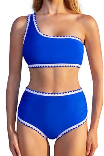 MOOSLOVER Women Bikini Sets One Shoulder High Waisted Swimsuit Whip Stitch 2 Piece Bathing Suits(M,Blue) - Image 1