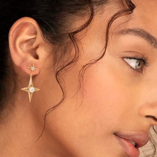 VALLOEY ROVER Starburst Stud Earrings for Women 14K Gold Plated Cubic Zirconia Pearl Ear Stud 925 Sterling Silver Post Everyday Jewelry Gift for Women - Thumbnail 3