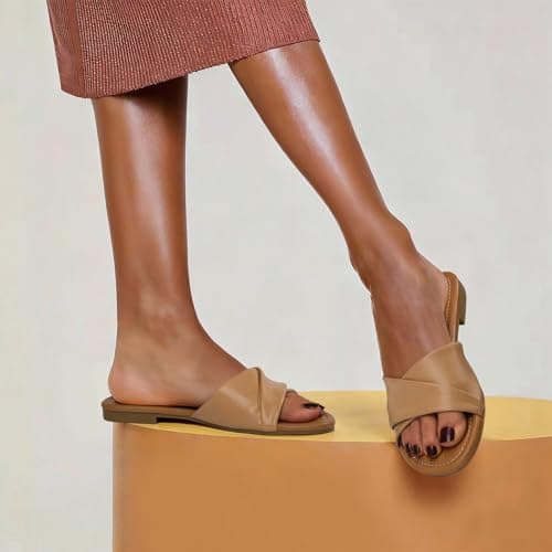 ATHMILE Sandals Women Dressy Summer Flat Comfortable Fashion Beach Cute Ladies Slides Leather Casual Dress Women's Sandals 2024 Nude Size 6 - Thumbnail 3