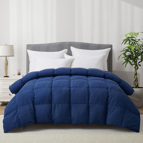 ALPSWAN Luxury Goose Feather Down Fiber Comforter Queen Size, 300TC Blue Cotton Blended Duvet Insert, All Season Hotel Bedding Alternative Down Comforter with Corner Tabs (Blue, Queen)