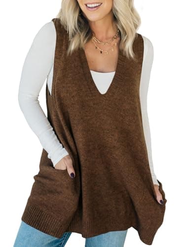 Saodimallsu Womens Sleeveless Sweater Vest V Neck Loose Knit Casual A Line Flattering Tunic Top with Pockets Brown - Image 1