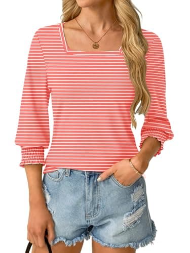 GKBK Womens 3/4 Sleeve Shirts Square Neck Dressy Casual Blouses Spring Summer Smocked Cuffs Tops - Thumbnail 5