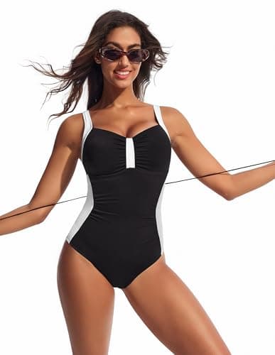 Hanna Nikole V Neck Shapewear Bathing Suit for Women Modest Lace Up Swimsuits for Woman 2026 Black White XX-Large - Thumbnail 2