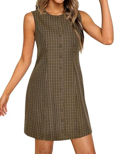 BTFBM Womens Summer Dress 2026 Spring Plaid Crew Neck Sleeveless Button Bodycon Mini Vintage Business Casual Dresses(Brown, X-Large) - Thumbnail 5