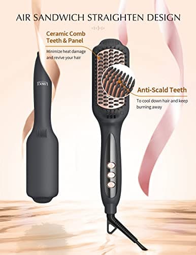 LANDOT Hair Straightener Brush for Thick Curly Hair - Ionic Ceramic Straightening Brush with Dense Bristles & 12 Temp Settings, Dual Voltage, Fast Heating for Frizz-Free Smooth Hair, Black - Thumbnail 4