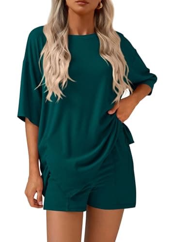 KIRUNDO 2 Piece Sets for Women Summer Lounge Sets Casual Oversized Tshirts Shorts Matching Airport Travel Outfits Postpartum(Peacock Green, Medium) - Image 1