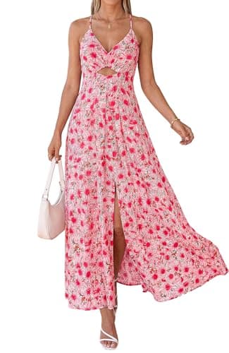BTFBM Summer Dresses for Women 2026 Spring Floral Spaghetti Strap Smocked Cutout Maxi Dress Resort Beach Vacation Outfit(Floral Red, XX-Large) - Image 1