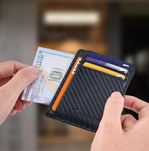 Travelambo Slim Wallet Front Pocket Minimalist Leather RFID Blocking Medium Size (Carbon Fiber Black) - Thumbnail 3