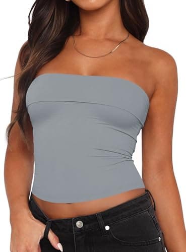 Tankaneo Womens Strapless Tube Tops Cropped Y2K Going Out Fitted Tank Tops Summer Trendy Layered Bandeau Shirts Light Grey - Image 1