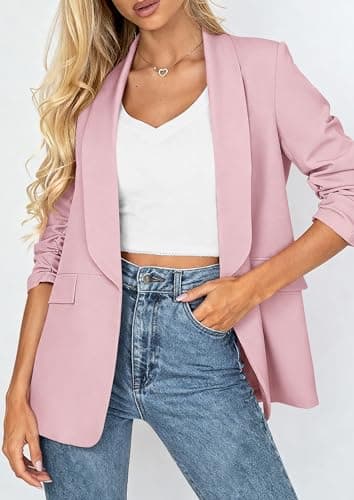 PRETTYGARDEN Women's 2026 Spring Blazers Business Casual Outfits Open Front Ruched 3/4 Sleeve Lightweight Work Suits Jackets (Pink,X-Small) - Thumbnail 4
