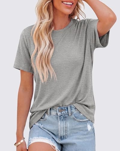 KIRUNDO T Shirts for Women 2026 Summer Crewneck Short Sleeve Tops Casual Knit Plain Basic Tees Shirt Fashion Clothing(Grey, X-Large) - Thumbnail 5