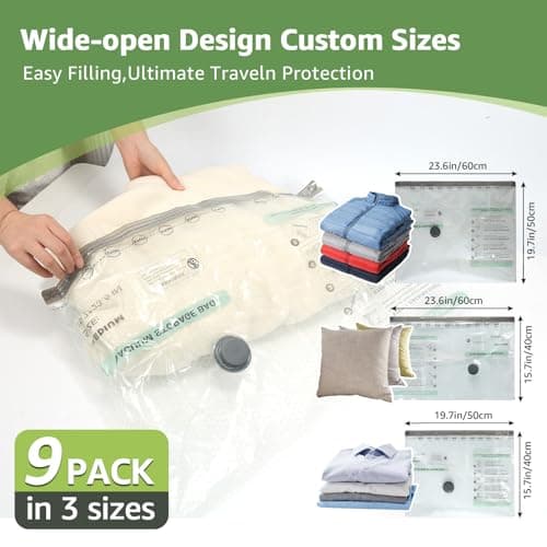 Vacuum Bags for Travel with Rechargeable air Pump, 9 Packs of 3 Sizes Vacuum Seal Bags for Clothing (9 Combo Set) - Thumbnail 4