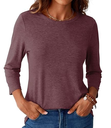GKBK Womens Tops 3/4 Sleeve Shirts Round Neck Casual Blouses Basic Loose Fit Pullover Tshirts Wine Red XL - Thumbnail 6
