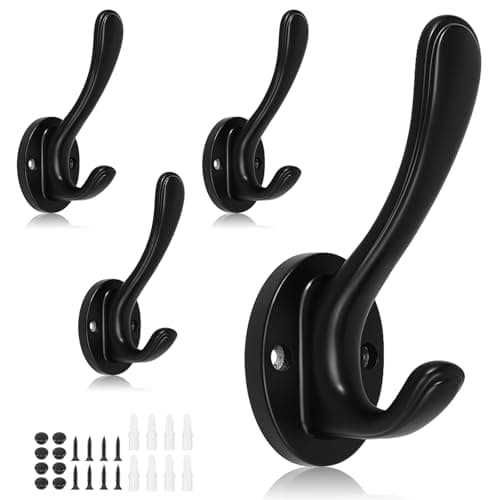 Dntorx 4 Pack Black Towel Hooks, Heavy Duty Coat Hooks Wall Mounted Metal Double Hook Bathroom Wall Robe Hooks for Hanging Towel Key Coats Hat Robe Clothes - Image 1