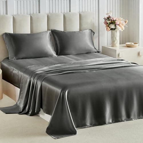 Tokokimo Satin Sheets Full Size 4 PC - 16" Deep Pocket Silky Soft Bed Sheets, Wrinkle-Free Grey Satin Silk Sheet, Hair & Skin Saver Bed Sheets Set with 1 Fitted Sheet, 1 Flat Sheet, 2 Pillow Cases - Image 1