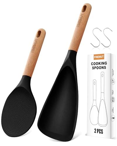 FINENUT Cooking Spoon Multifunction Spoonula Silicone Spatula Spoon 2-Pack, Dual-Use Heat Resistant 446°F, BPA-Free Non-Toxic Wooden Handle Rice Spoon Set for Non-Stick Cookware & Rice Cookers (Black) - Image 1