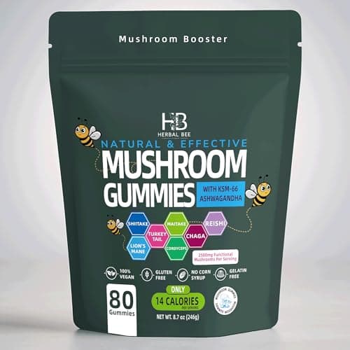 Organic Ashwagandha & Lions Mane Mushroom Gummies - Reishi, Cordyceps, Turkey Tail, Maitake, Shitake & Chaga, Immune Support & defense, Brain Boost, Vegan, All-in-One Superfood supplement | 80 gummies - Image 1