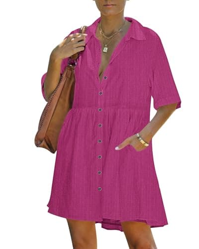 PYGFEMR Women's Summer Dress 2026 Short Sleeve Babydoll Tiered Button Down T Shirts Dresses with Pockets, Rose Red M - Image 1