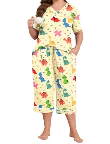 Lastshe Plus Size Womens Pajama Set 2 Piece V Neck Short Sleeve Capri Pants Sleepwear Pjs Lounge Set Knit Soft with Pockets,Nude Animal-2X - Image 1