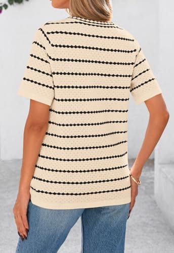 NALANISA Women's Summer Button Down Striped Shirts Casual Short Sleeve V Neck Crochet Knit Blouse Tops Lightweight Cardigans (Apricot,XXL) - Thumbnail 5