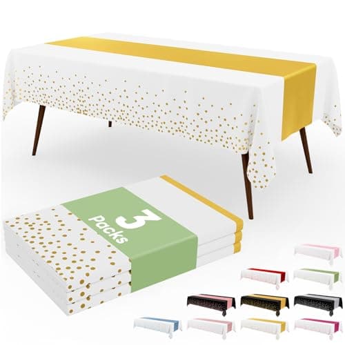 Smiry Plastic Table Cloth Disposable 3 Pack, 54 x 108 Inch Rectangle Waterproof Tablecloth, Printed Gold Table Runner Style for Birthday Weeding, Party Decorations, Leakproof & Sturdy, White and Gold - Image 1