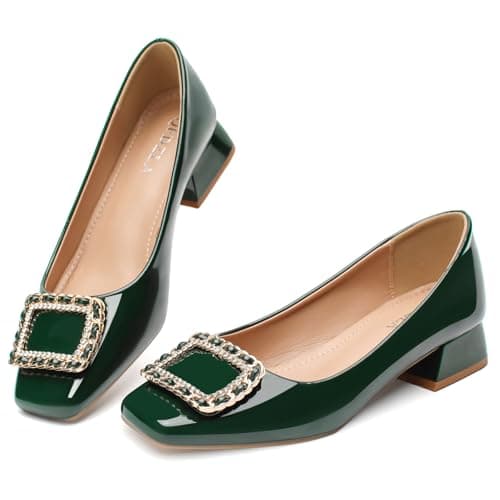 QFDZLA Women's Low Chunky Block Heel Pumps Comfortable Leather Square Toe Dress Shoes Slip On Block Heel for Office Lady Shoes Blackish Green Size 6 - Image 1