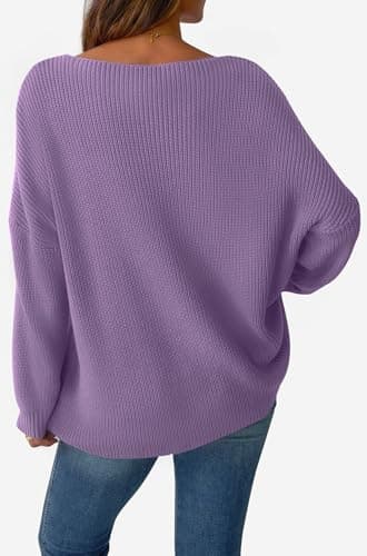 GKBK Women's V Neck Oversized Sweaters Off The Shoulder Long Sleeve Sweatshirt Loose Fit Lightweight Soft Pullover Fall Fashion Outfits 2026 Trendy Purple - Thumbnail 4
