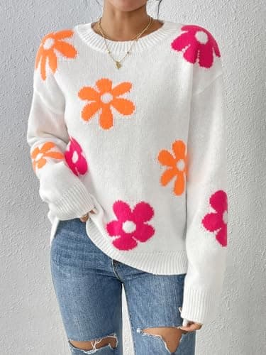 Libsorge Womens Oversized Cute Flower Sweater Valentine Day 2026 Trendy Vintage Floral Knit Crewneck Pullover Tops White M - Thumbnail 2