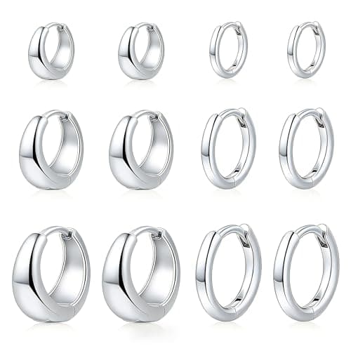 Wgoud 6 Pairs Gold Hoop Earrings Set for Women Hypoallergenic, 14K Gold Plated Lightweight Chunky Small Huggie Hoops Earrings Stacks for Multiple Piercing Jewelry Gifts. (6 Silver-Small Hoops Smooth) - Image 1