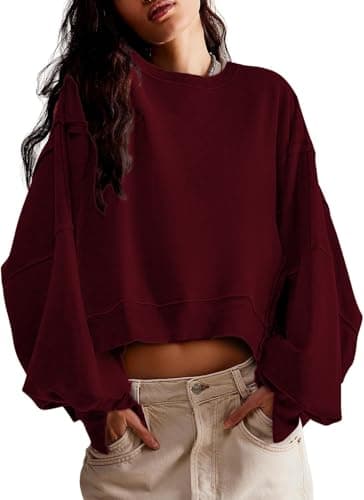 ALPSWARE Womens Cropped Sweatshirt Long Sleeve Tops Crewneck Loose Tee Fall Pullover Crop Side Slit Casual Red Brown L - Image 1