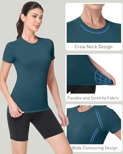 Roadbox Women's Compression Shirts, 1/3 Pack Short Sleeve Workout Tops Athletic Gym T-Shirt Yoga Running Quick Dry Base Layer Slate Blue - Thumbnail 3