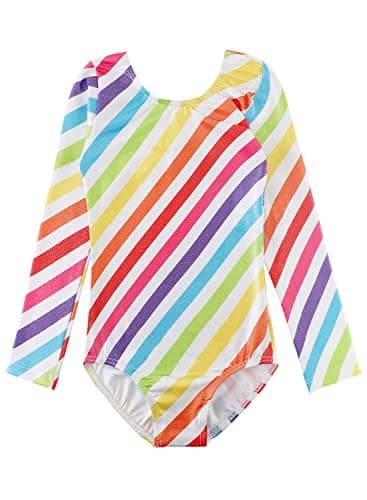 HOZIY Rainbow Stripe Girl Gymnastics Leotard Toddler 18-24 Months Long Sleeve Sleeved Bodysuits Unitard Outfits Tumbling White Striped Multicolored Colorful Shiny - Image 1