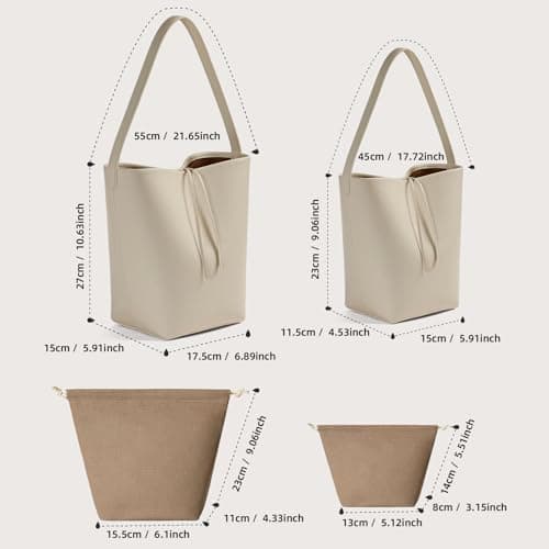 Genuine Leather Bucket Bag with Credit Card Holder Wallet, First Layer Pebble-grained Calfskin Tote Bag, Leather Handbag with Cotton Insert Pocket (White, Small) - Thumbnail 4