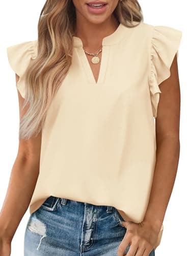 Zenlonr Womens Summer Tops 2026 Casual V Neck Ruffle Cap Sleeve Blouse Shirts Solid Color Tunic Tops(Beige,X-Large) - Image 1