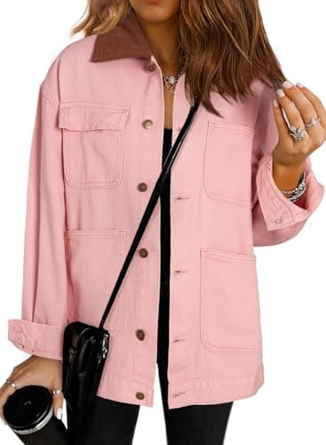 Dokotoo Denim Jacket For Women Long Sleeve Button Down Oversized Jean Jacket Denim Shirt Fall Clothes Winter Coats For Women Barn Jackets Shacket Coat With Pockets Pink 2XL - Image 1