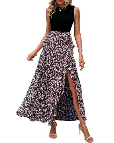 BTFBM Women Casual Sleeveless Summer Dresses 2026 Spring Crewneck Patchwork Boho Floral Ruffle Cocktail Party Midi Dress(Floral Black Pink, Small) - Image 1