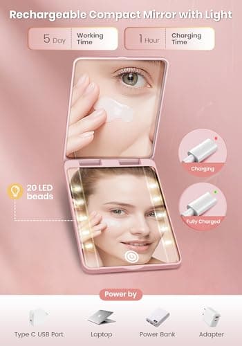 Compact Mirror, Rechargeable 30X Magnifying Mirror with 3 Lighting Modes & Dimmable Brightness, Portable Travel Makeup Mirror with Light, Essentials for Travel, Pocket, Purse, Gifts for Girls Pink - Thumbnail 6