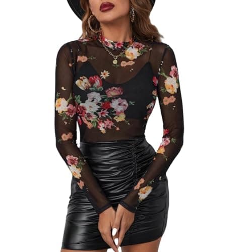 dzmelzu Womens Lace Top Long Sleeve Mesh Tops for Women Mock Neck Floral Sheer See Through Shirts for Party Club Casual (Medium, Flower) - Image 1