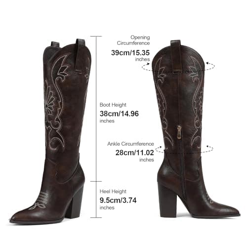 VOMIRA Knee High Cowboy Boots Women Pointed Toe Embroidered Leather Chunky High Heels Side Zipper Western Boots Brown Cowgirl Boots - Thumbnail 6