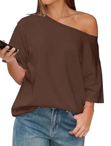 Matunana Off The Shoulder Tops for Women Oversized Short Sleeve Tshirts Summer 2026 Brown L - Image 1